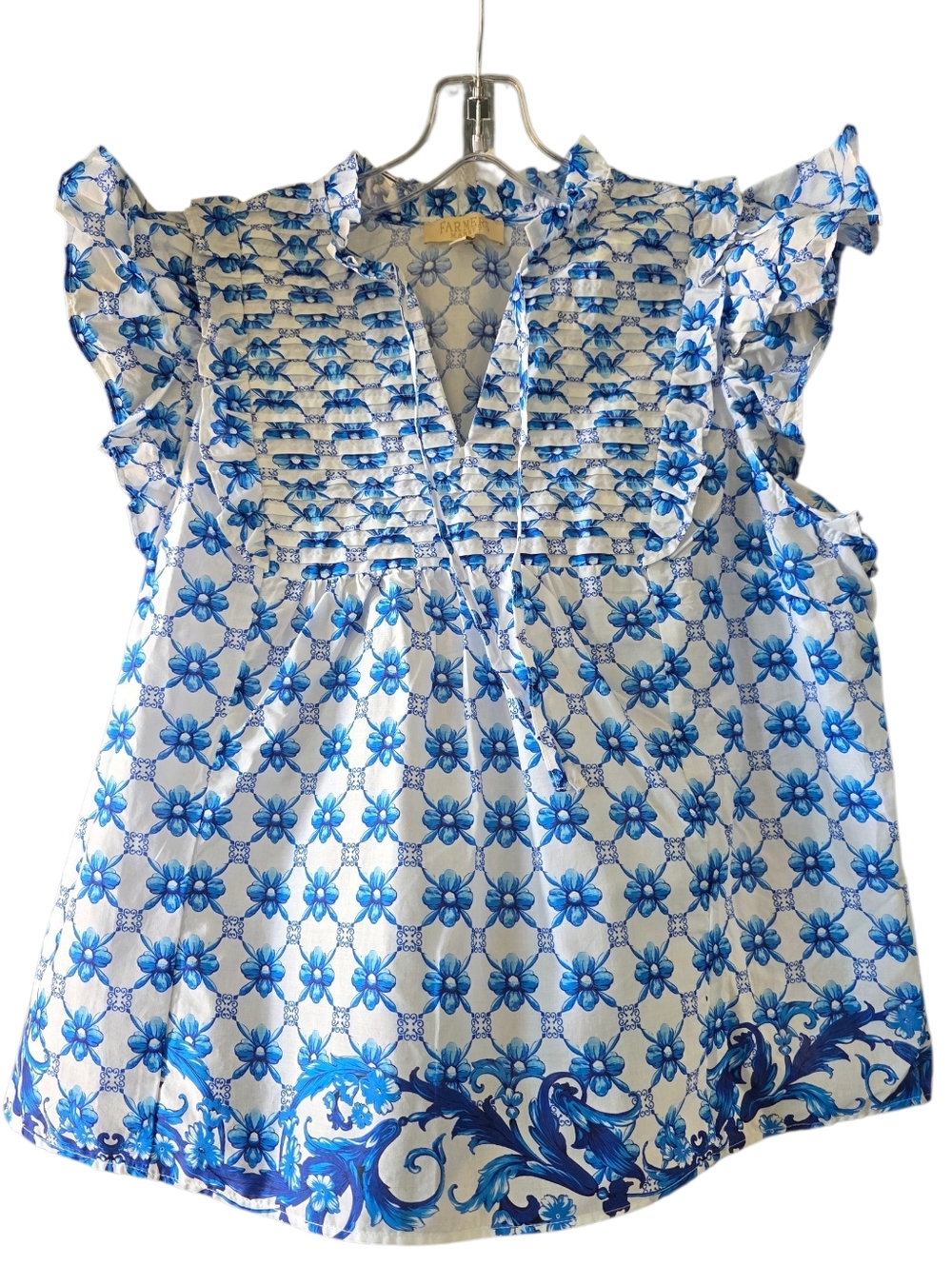 Farmer's Market Blue Floral Smocked Flutter Sleeve Blouse Size Large
